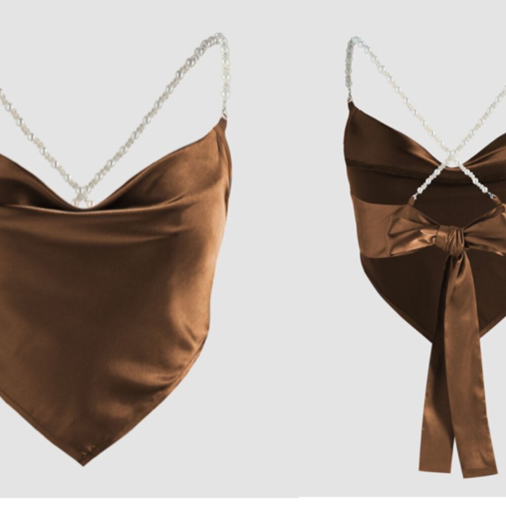 Cider Brown Satin Pearls Cowl Neck Crop Tank Top